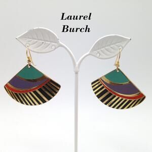 Vintage Laurel Burch Madrid Fan Earrings, Gold Plated, Teal Purple Black Enamel